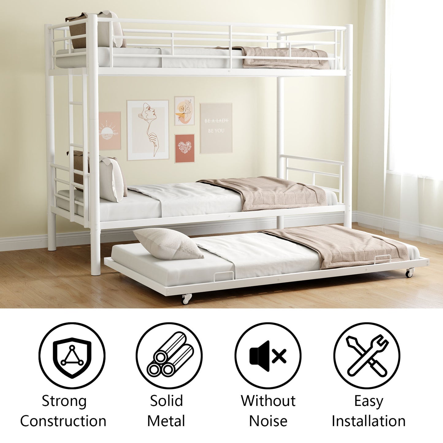 Heavy-duty Sturdy Meta Twin over Twin with Trundle Bunk Bed/l/ Noise Reduced/ Safety Guardrail/No Box Spring Needed,White