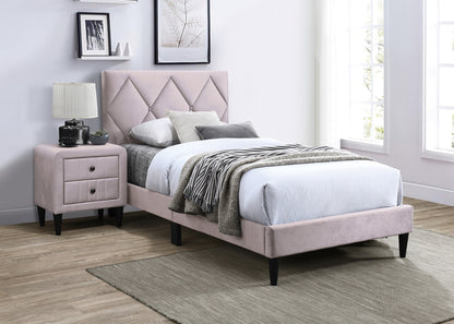 Twin Size Bed w Adjustable Headboard 1pc Bedframe, Light Pink Velvet Upholstered Youth Bedroom Furniture