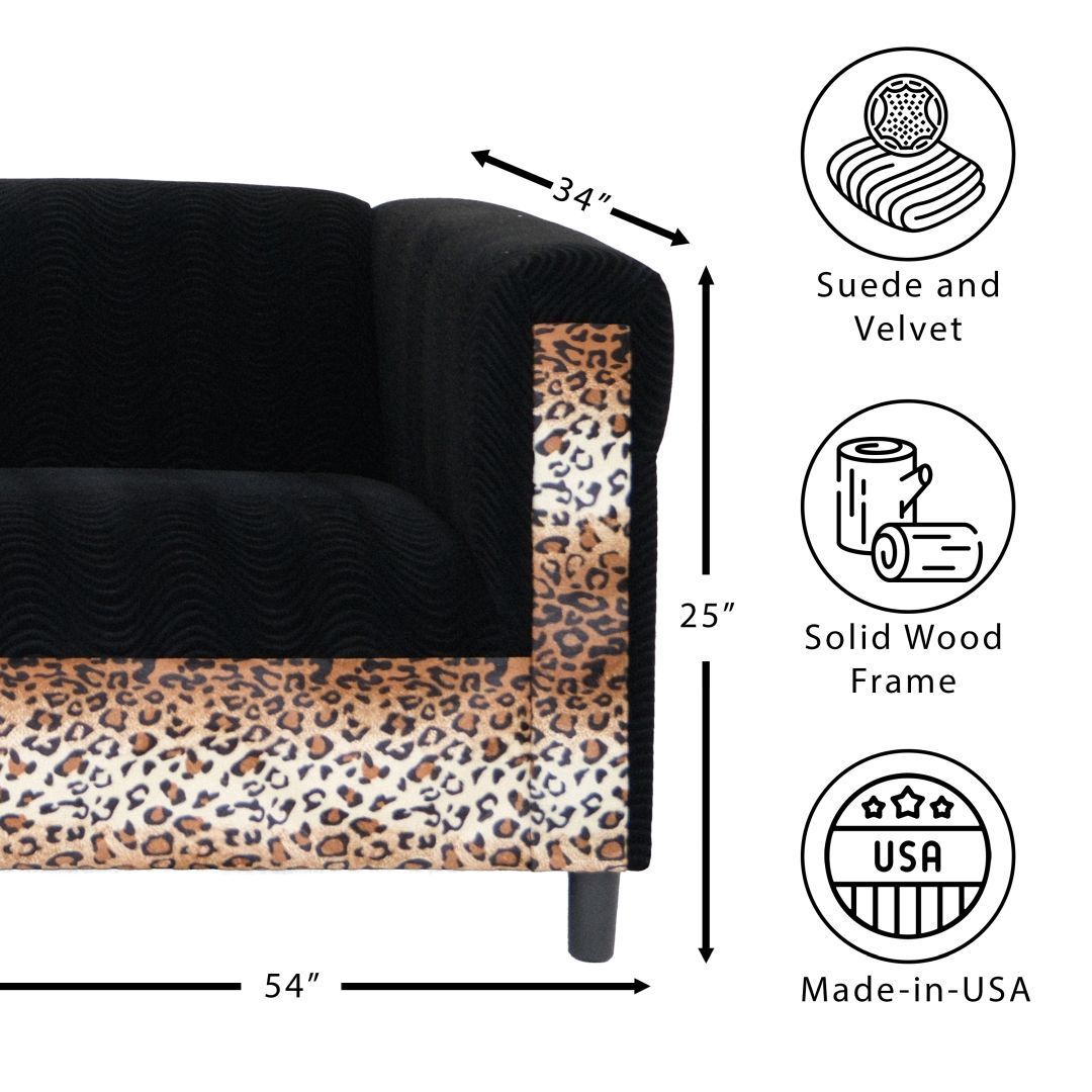 Black Velvet Loveseat Sofa for Living Room with Leopard Print, Modern Décor Love Seat Mini Small Couches for Small Spaces and Bedroom with Solid Wood Frame