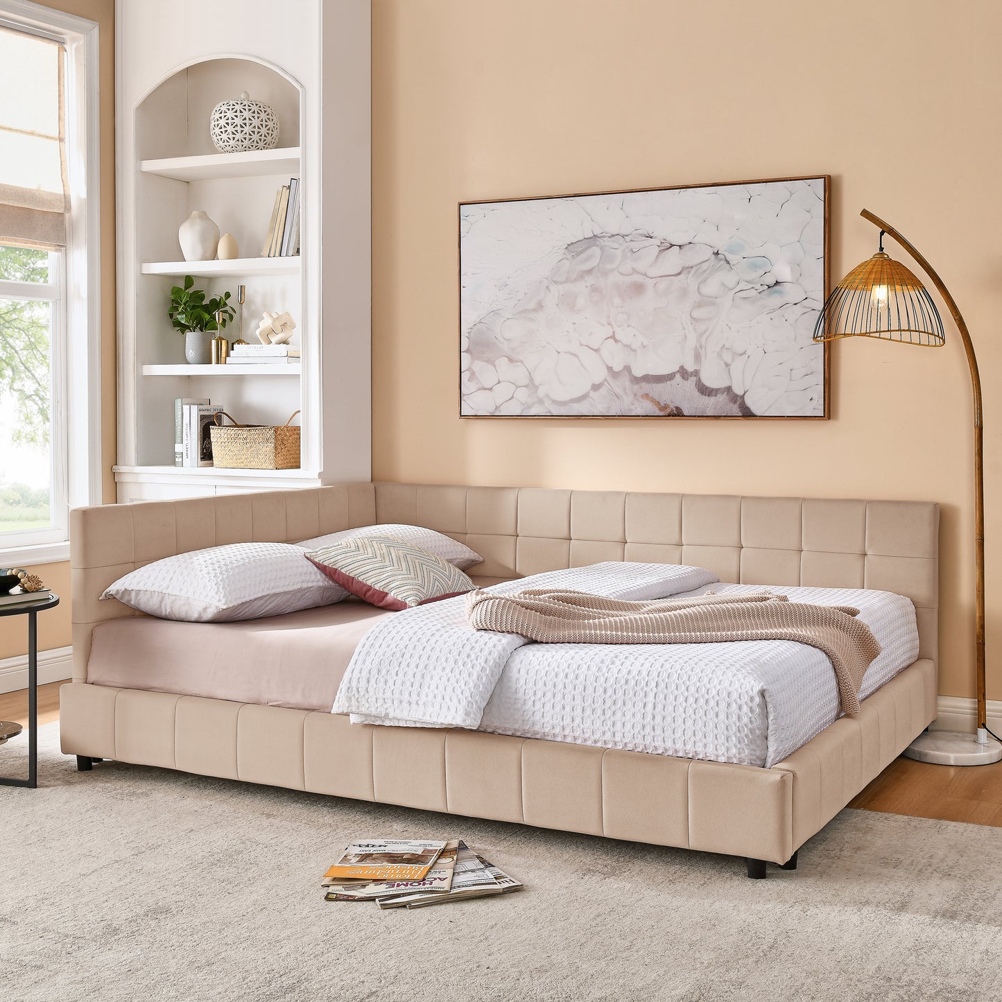 Queen Size Upholstered Tufted Bed Frame, Sofa Bed Frame with Comfortable Backrest and Armrests, Queen Size Bed for Bedroom, Living Room,Velvet, pink(85.5''*64.5''*30.5'')