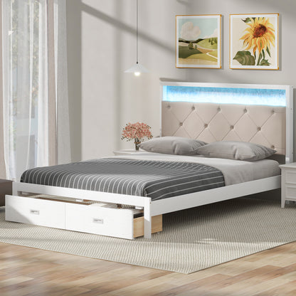 Wood Queen Size Platform Bed with Upholstered Headboard and LED and 2 Drawers, Antique White