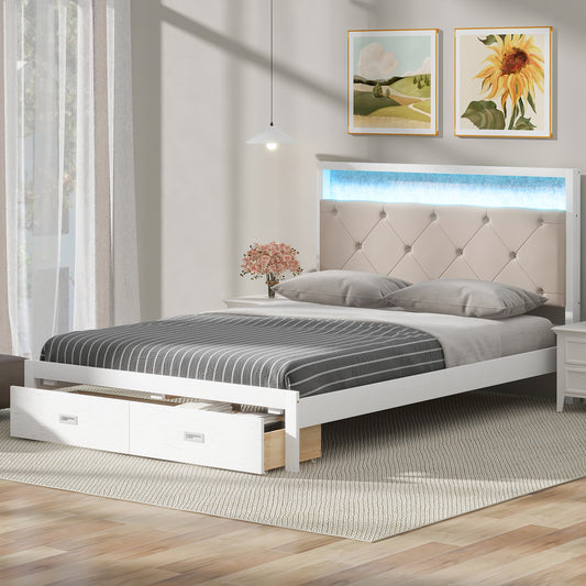 Wood Queen Size Platform Bed with Upholstered Headboard and LED and 2 Drawers, Antique White