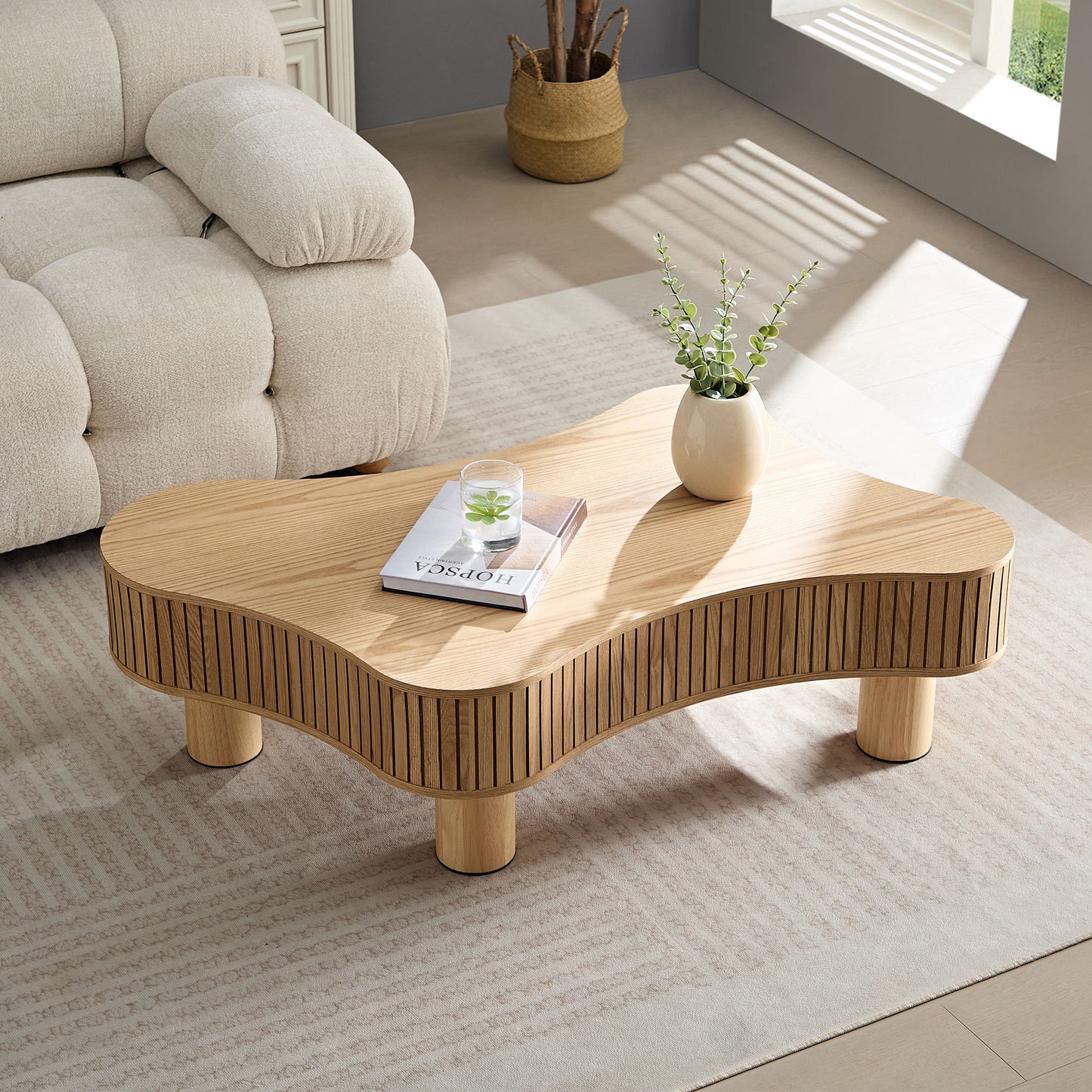 42.52 Inch Modern Wooden Handcraft Drum Coffee Table Irregular Shaped Coffee Table for Living Room,Small Coffee Table with Sturdy Pedestal