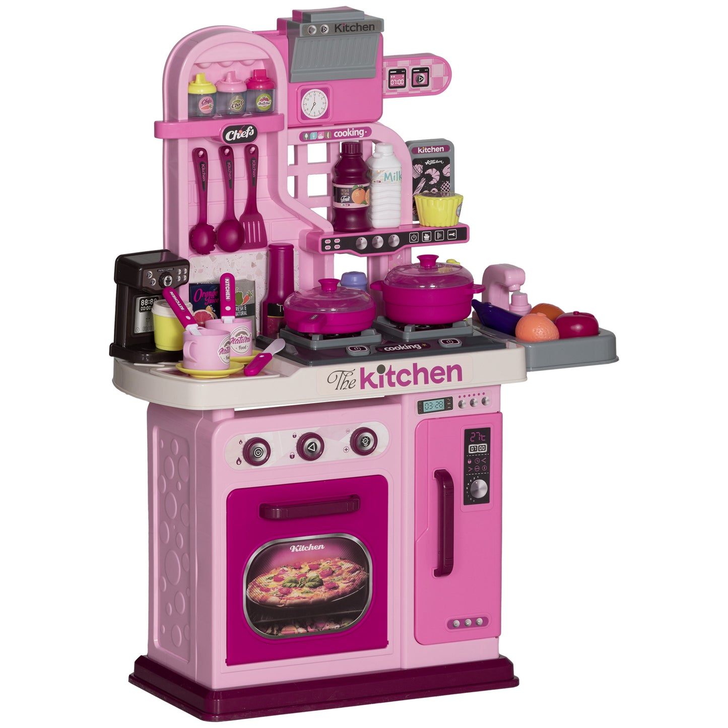 Qaba Play Kitchen, Kids Kitchen Playset Toy Kitchen with Lights, Sounds, 33 Accessories, Storage, Interactive Playset for Toddler 3-6 Years, Pink