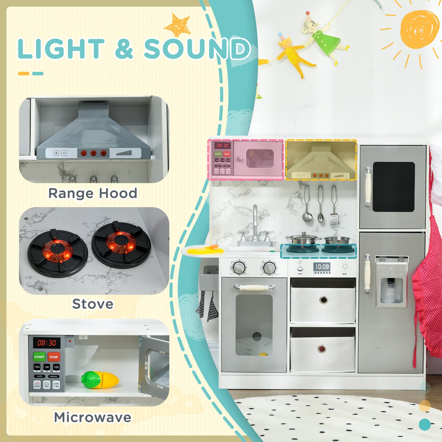 Qaba Play Kitchen Set for Kids, Kids Kitchen Playset with Lights Sounds, Apron and Chef Hat, Ice Maker, Microwave, Towel Rack, Utensils, Range Hood, Fun with Friends, for Ages 3-6 Years, White