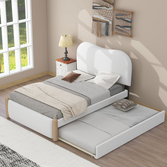 Twin Size Upholstered Platform Bed with Wood Supporting Feet and Twin Size Trundle, White