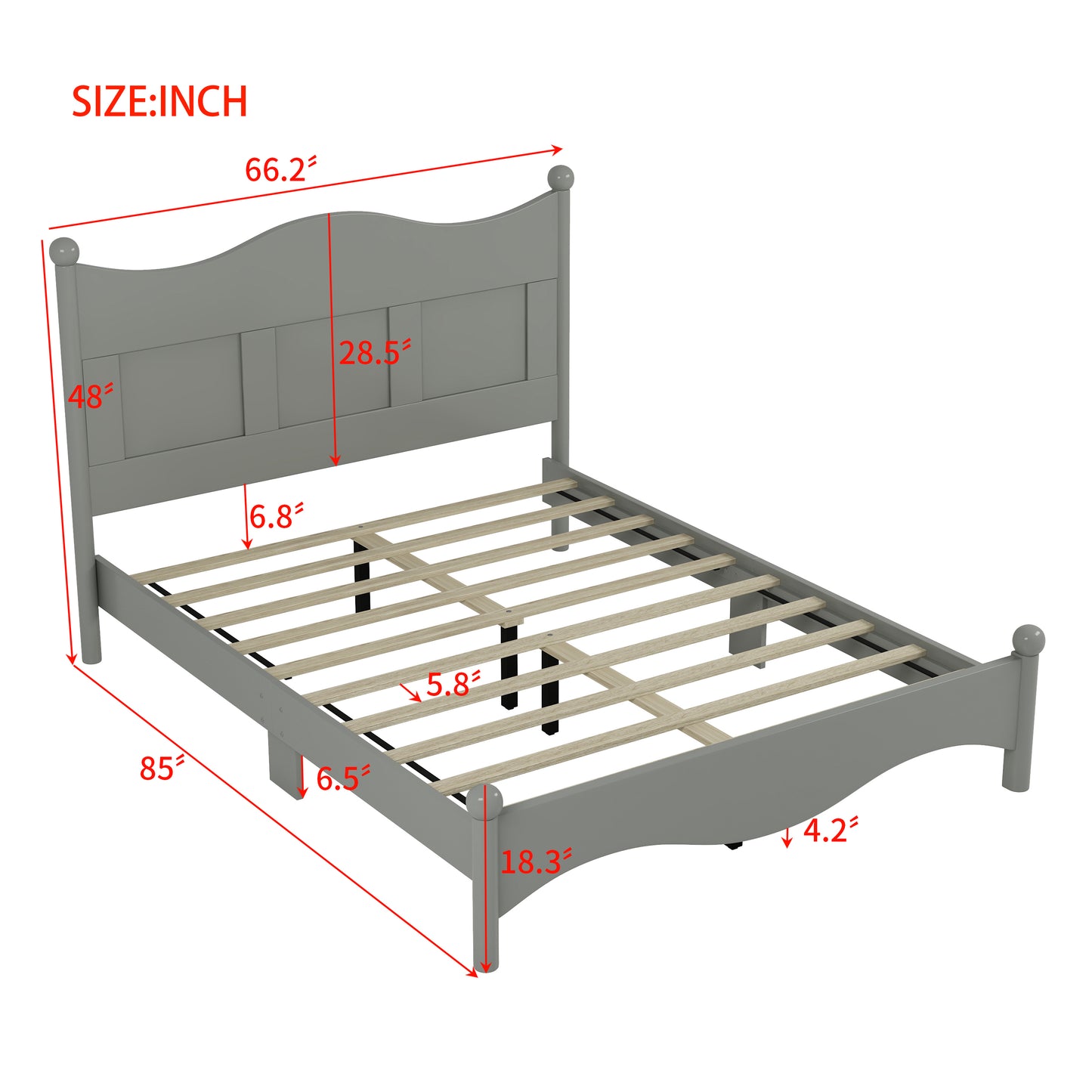 Queen Size Elegant Design Wood Platform Bed Frame,Retro Style Platform Bed with Wooden Slat Support, Gray