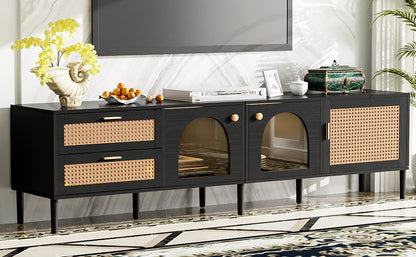 Rattan TV Stand with 3 Cabinets & 2 Drawers, Rattan-inspired Media Console Table for TVs up to 80'', LED Light Entertainment Center, TV cabinet for Living room, Bedroom, Home Theatre