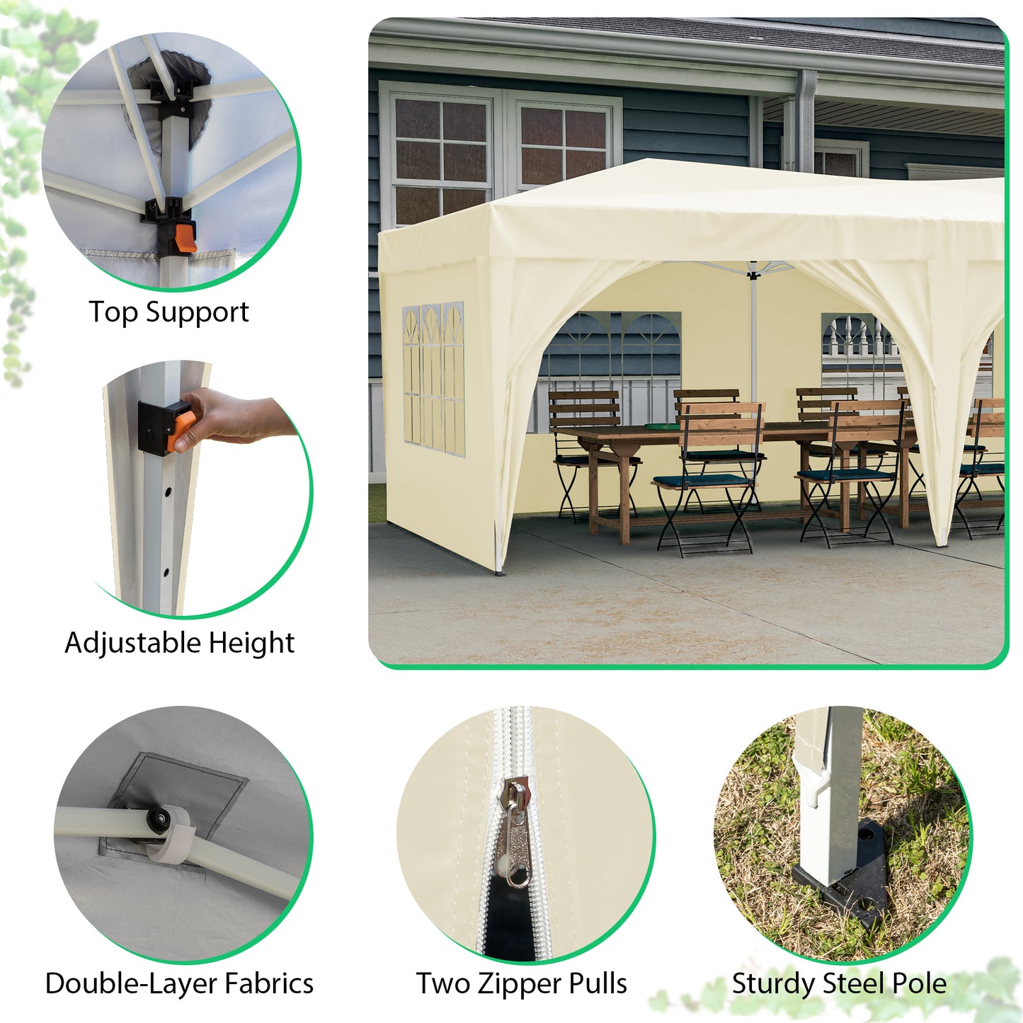 10'x20' Pop Up Canopy Tent with 6 Sidewalls, Ez Pop Up Outdoor Canopy for Parties, Waterproof Commercial Tent with 3 Adjustable Heights, Carry Bag, 6 Sand Bags, 6 Ropes and 12 Stakes, Beige