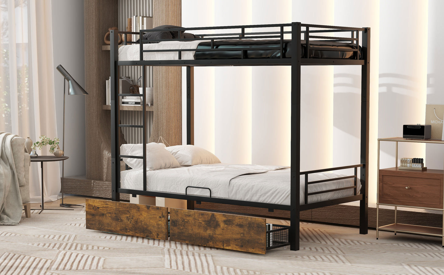 Metal Bunk Bed With drawers, Twin, Black