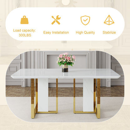 Table and chair set.67"x36" White marble pattern MDF Dining Table Set with 8 Black PU Chairs.MDF sticker,White marble pattern sticker,Gold C-tube chair legs,Suitable for kitchen,Dining room,etc.