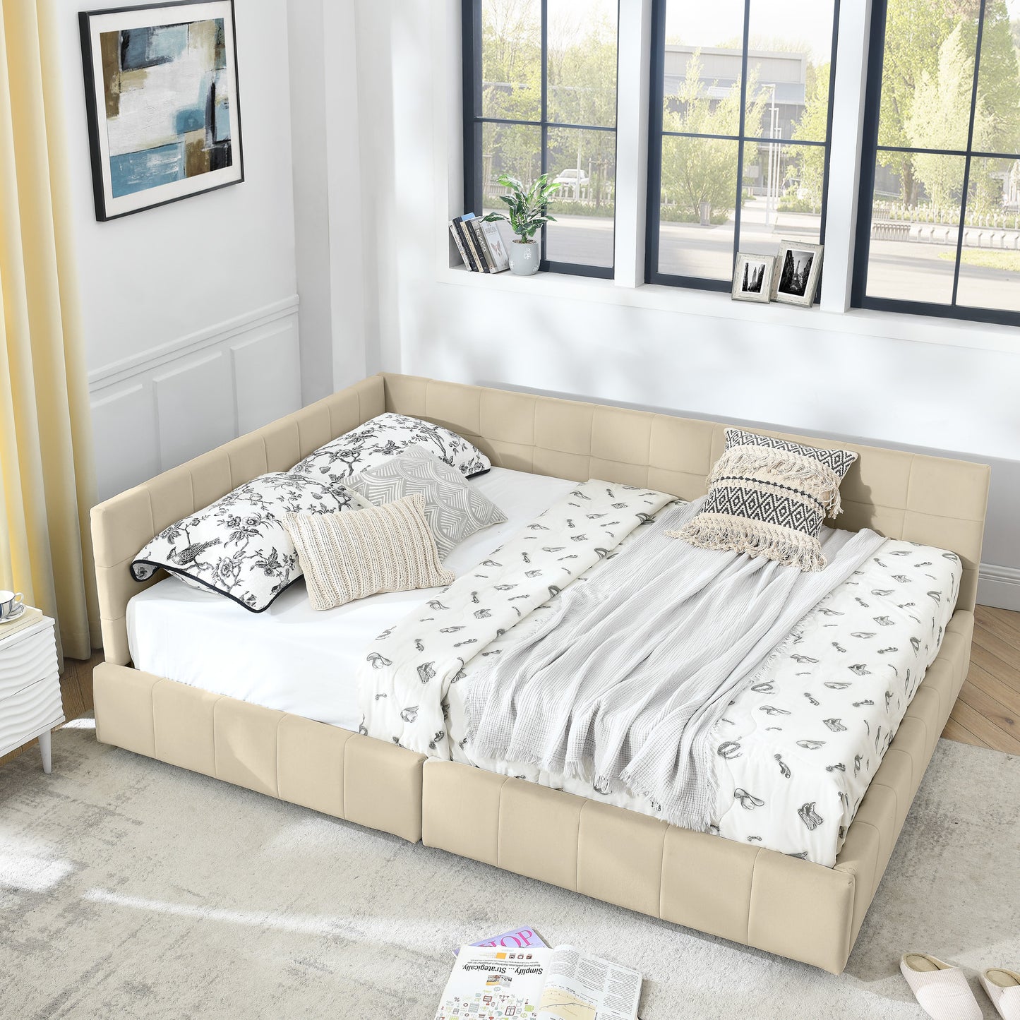 Queen Size Storage Upholstered Tufted Bed Frame, Sofa Bed Frame with Comfortable Backrest and Armrests, Queen Size Bed for Bedroom, Living Room,Velvet, BEIGE(85.5''*64.5''*29.5'')