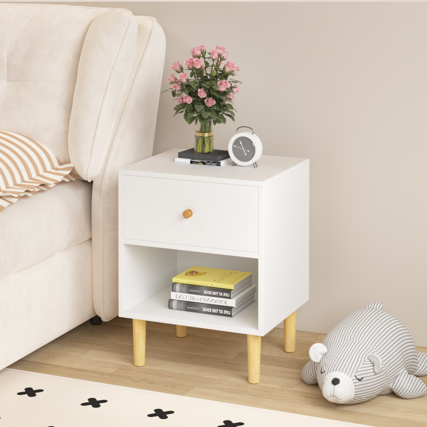 23.22''H Wooden Nightstand with One Drawer One Shelf for Kids, Adults, White