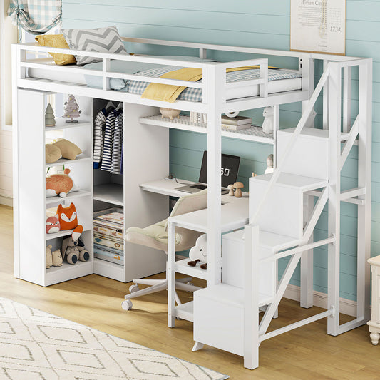 Metal Twin Loft Bed With desk, USB Ports, 5-layer shelf,  wardrobe and Stepped Stairs, White