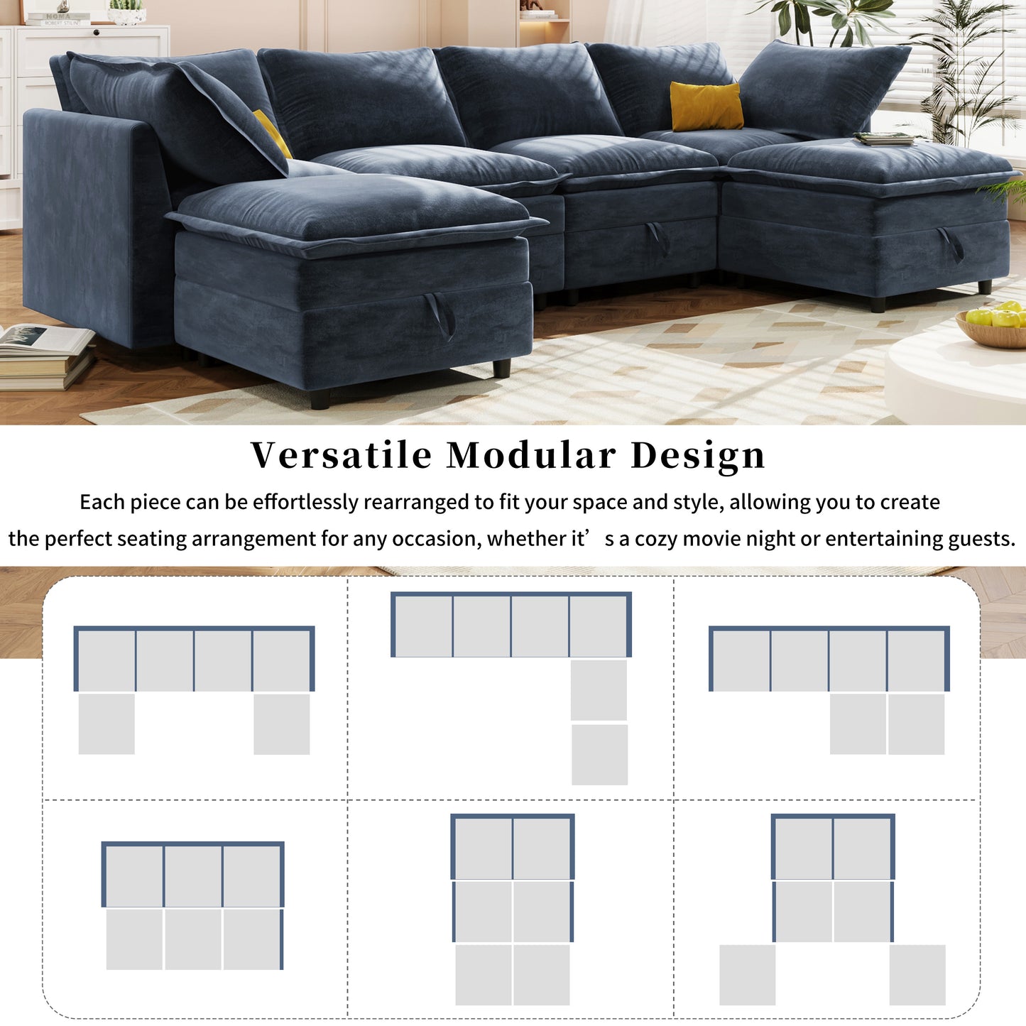 Mirod Versatile 6-Piece Modular Sofa Bed with Storage,Stylish Faux Double-Layer Cushions,Comfortable & Durable Design,Perfect for Any Living Space