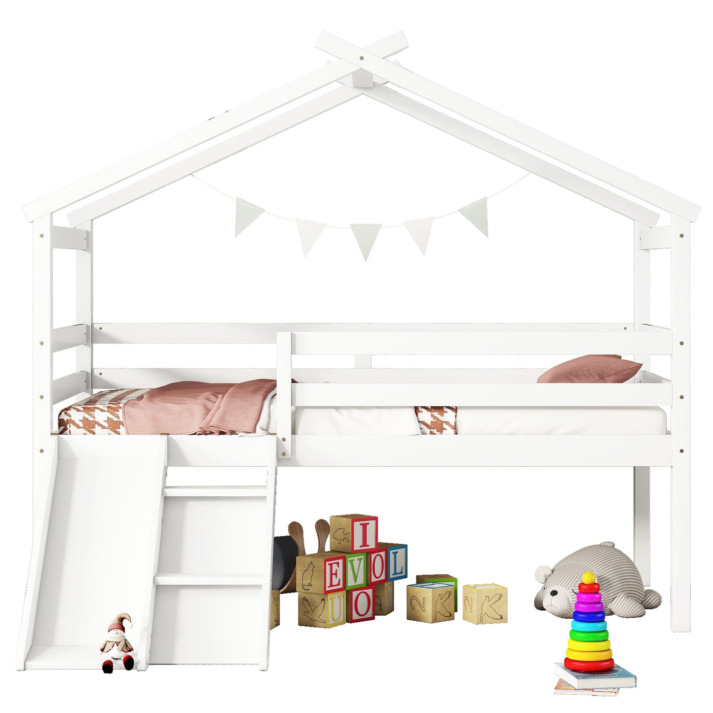 Twin Low Loft House Bed with Slide,  Ladder, Safety Guardrails, House Roof Frame,White