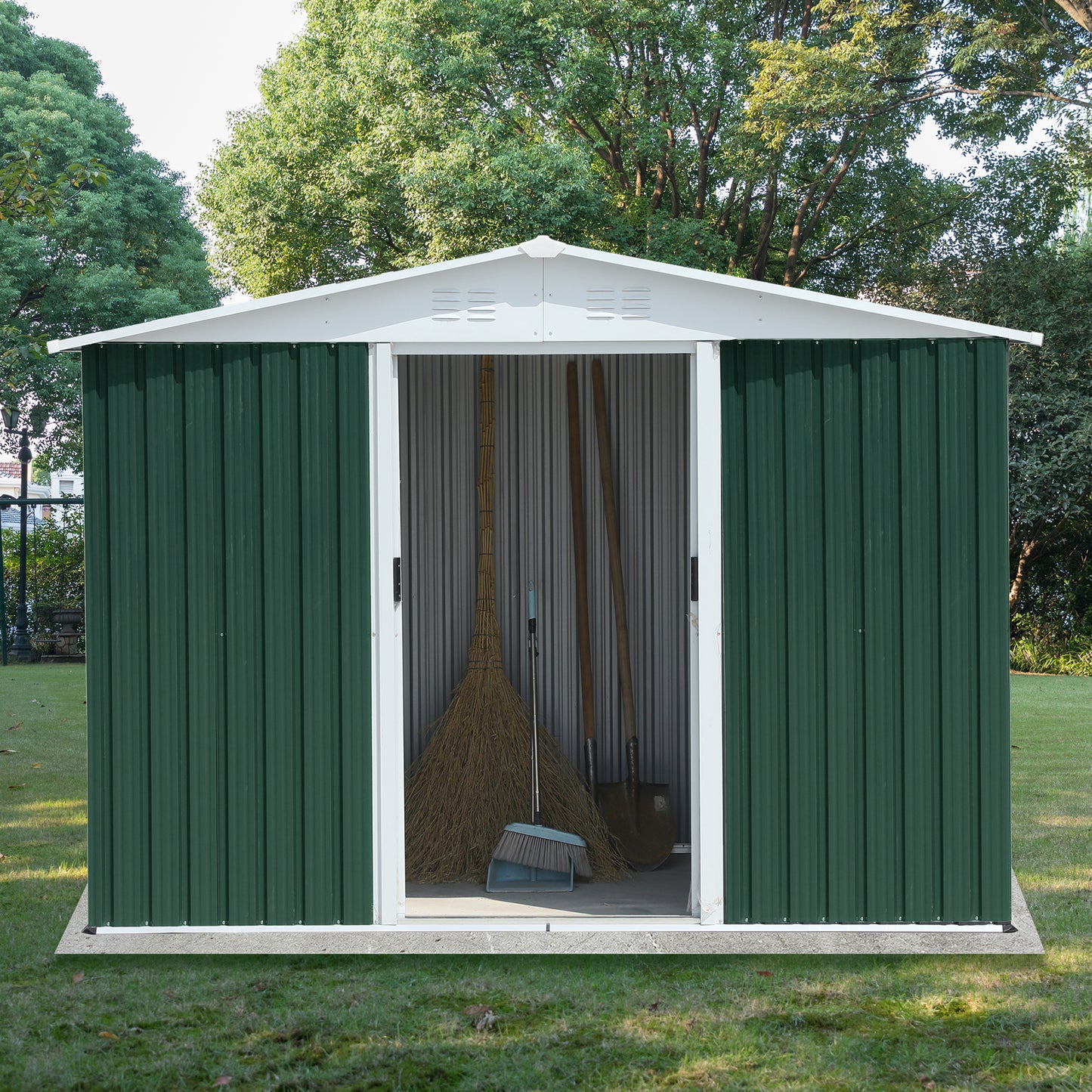 8x6 Feet Outdoor Storage Garden Shed Apex Roof Green With Aluminum alloy frame and sliding door