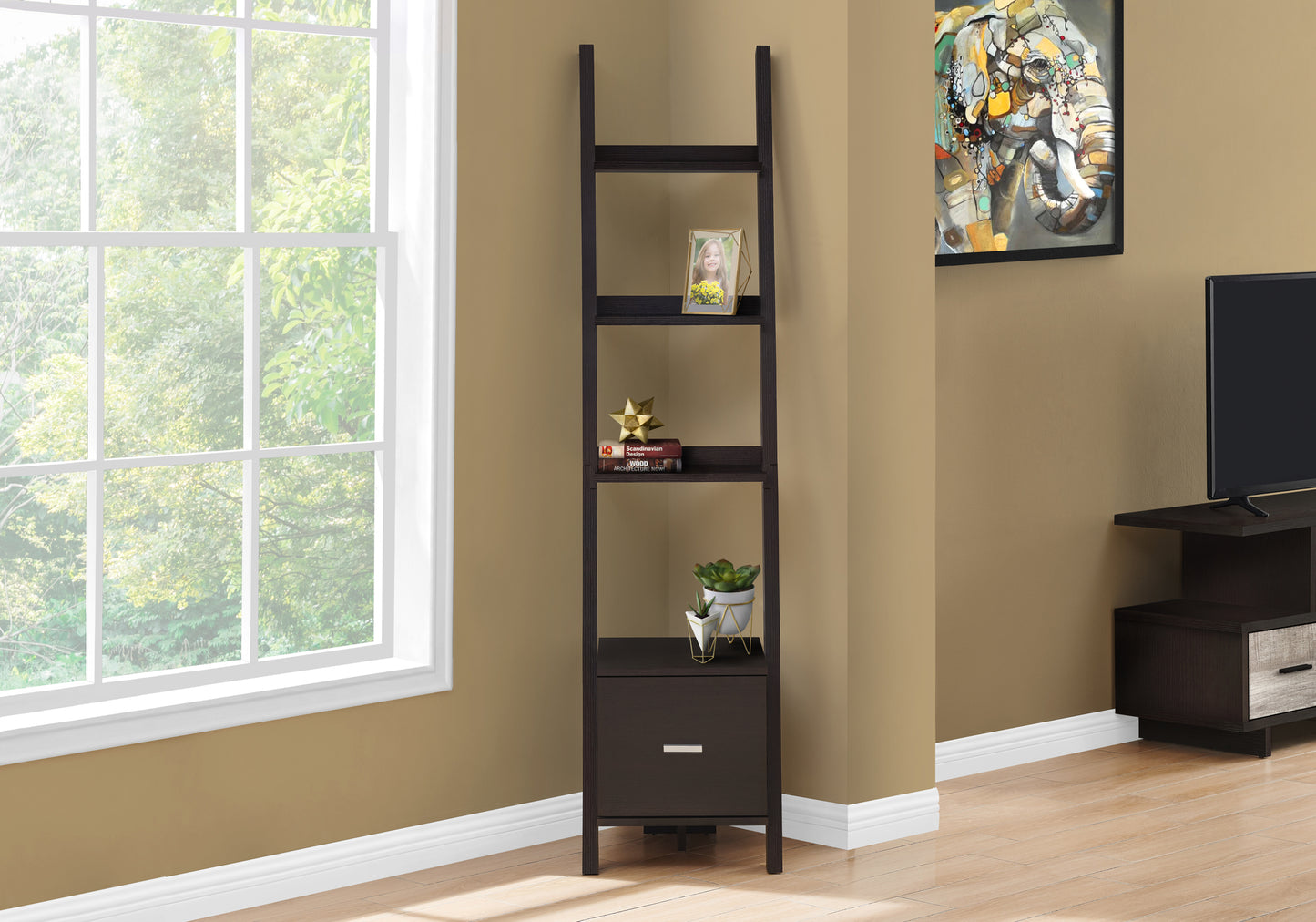 Bookshelf, Bookcase, Etagere, Corner, Ladder, 69"h, Office, Bedroom, Brown Laminate, Contemporary, Modern
