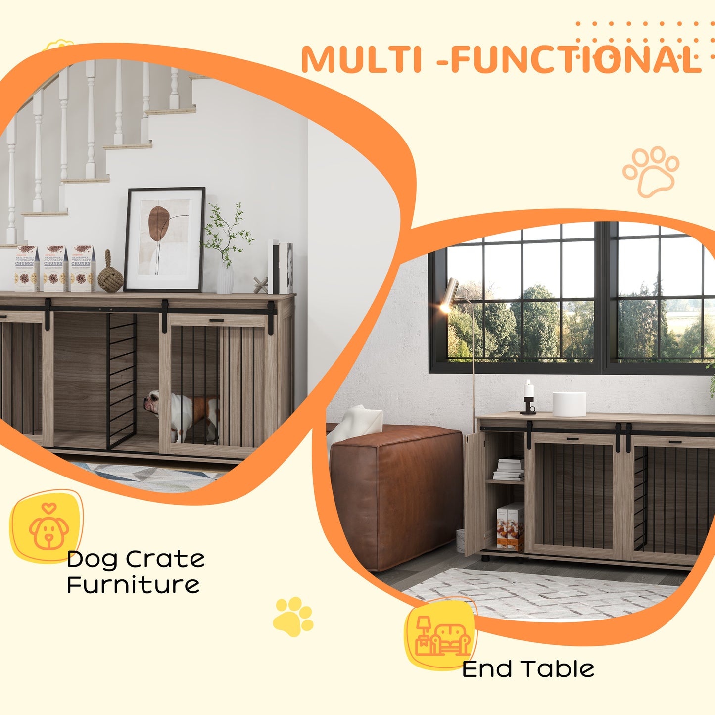 PawHut Dog Crate Furniture with Removable Divider for 2 Small Dogs or 1 Large Dog, 71" Modern Dog Kennel Furniture End Table with Storage, Double Doors, Walnut