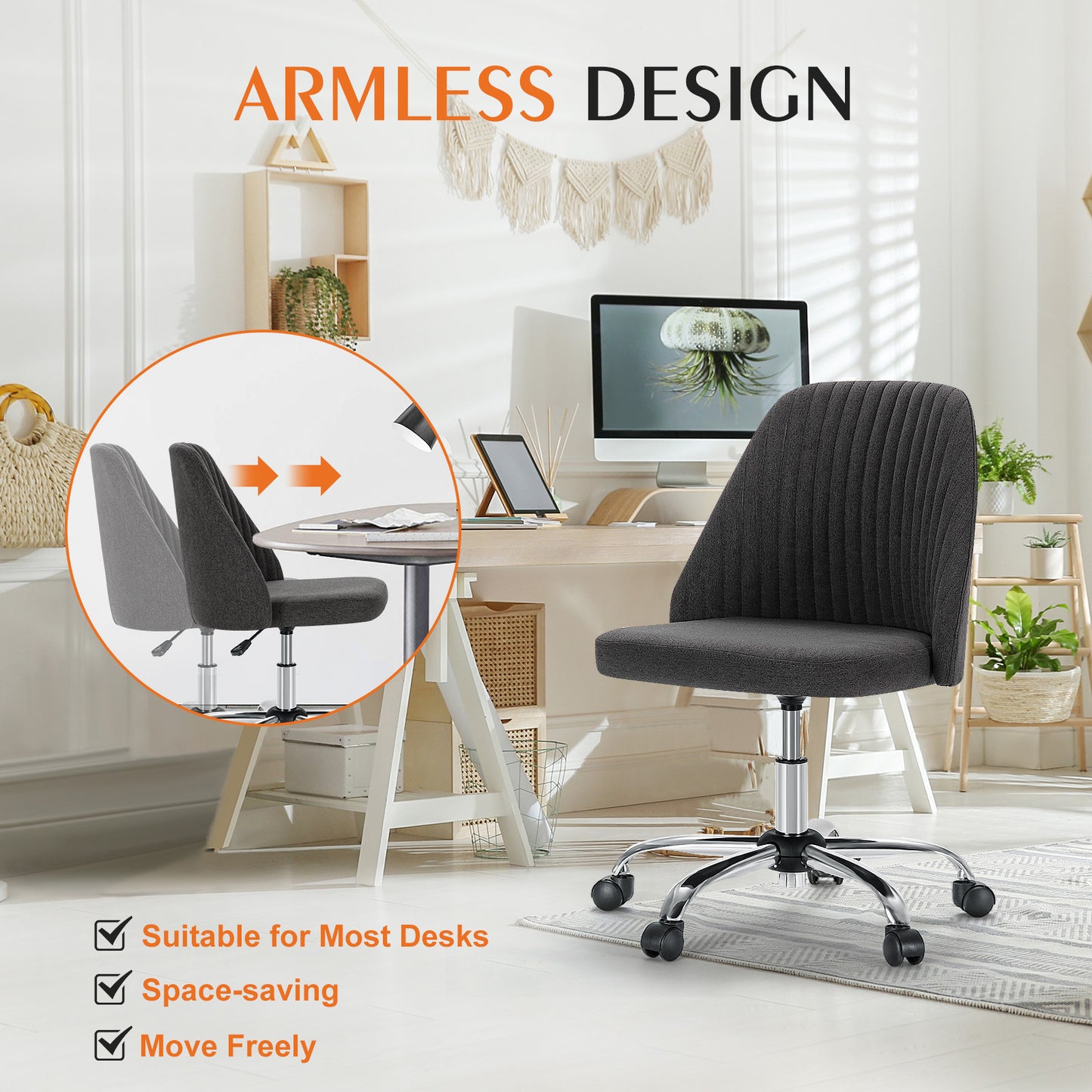 Sweetcrispy Armless Home Office  Desk Chair with Wheels Adjustable Swivel Task Computer Vanity Chair for Small Spaces