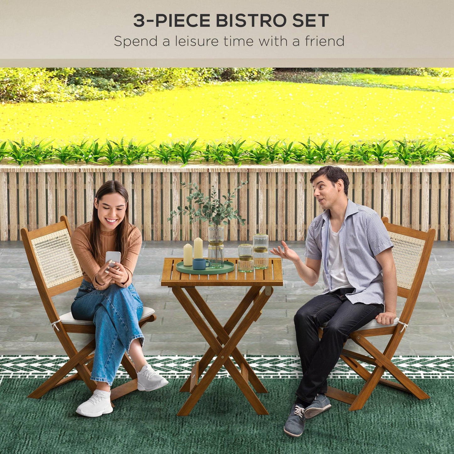 Outsunny 3 Pieces Patio Bistro Set Foldable Wooden PE Rattan Conversation Furniture Outdoor with Cushions, for Porch, Backyard, Garden, Light Teak