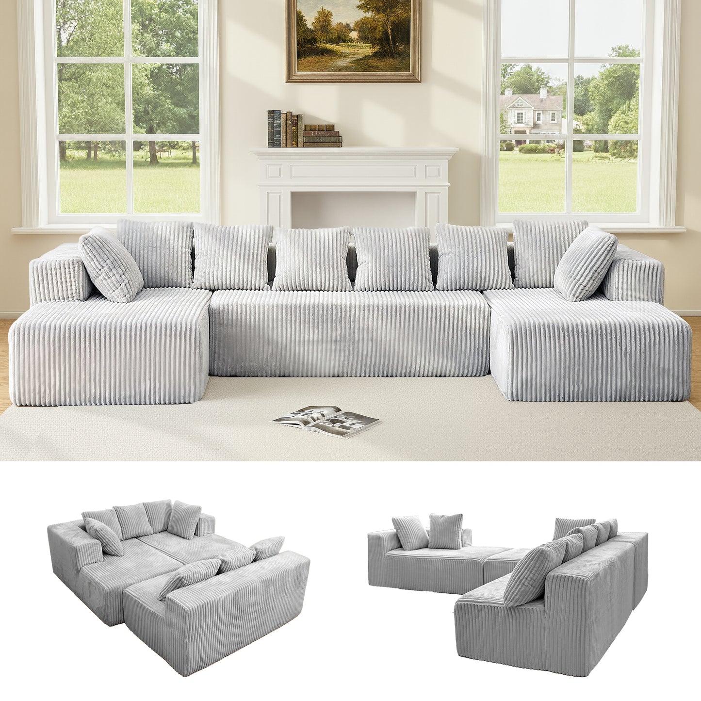 Modular U-Shaped Sectional Sofa,130-inch 4-Seater Chaise Lounge with Reversible Design, Striped Corduroy Fabric in Gray – Customizable Living Room or Bedroom Couch, Freely Configurable Layout.