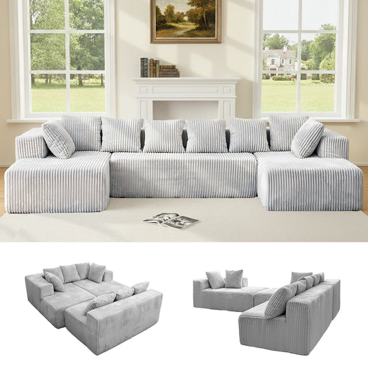Modular U-Shaped Sectional Sofa,130-inch 4-Seater Chaise Lounge with Reversible Design, Striped Corduroy Fabric in Gray – Customizable Living Room or Bedroom Couch, Freely Configurable Layout.