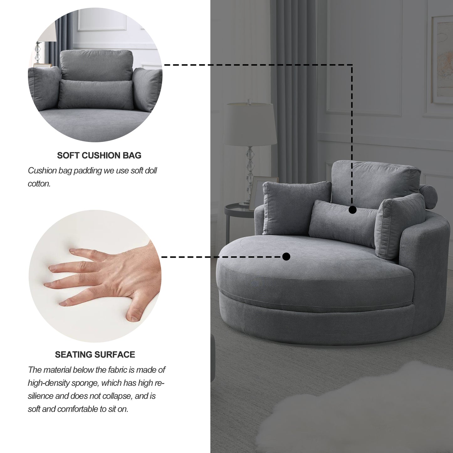 Welike Swivel Accent Barrel Modern Dark Grey Sofa Lounge Club Big Round Chair with Storage Ottoman Linen Fabric for Living Room Hotel with Pillows,2PCS.