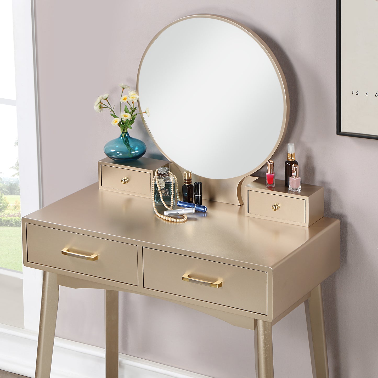 Liannon Contemporary Wood Vanity and Stool Set, Gold