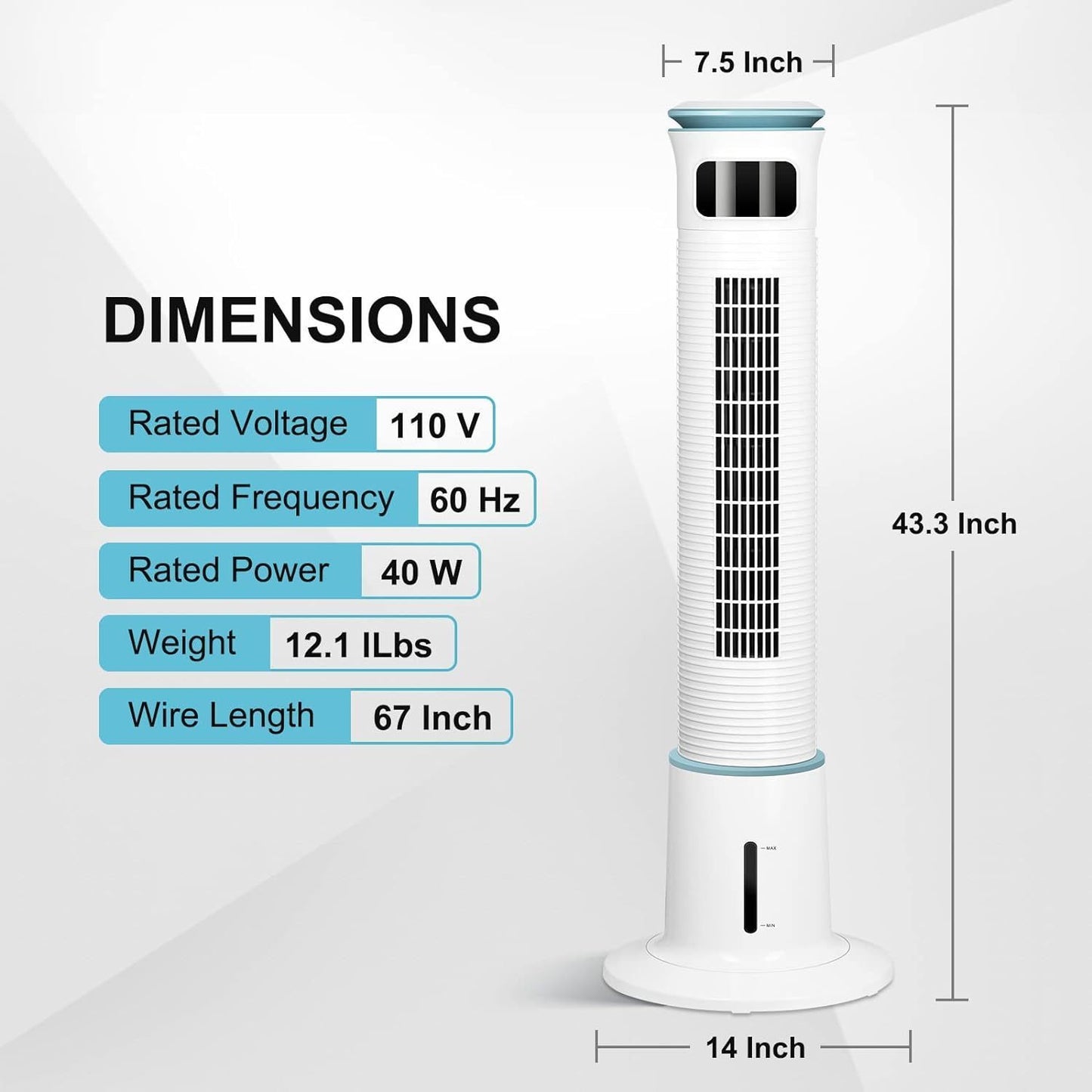 43-Inch Electric Oscillating Tower Fan with Remote Control for Indoor, Bedroom and Home Office, White