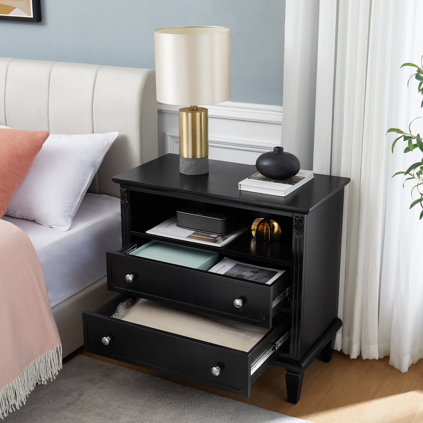 Open Space and 2 Drawers Dresser Nightstand with Charging Station, Farmhouse End Table with USB Ports and Outlets, Fluted Pilasters Design Side Table with Solid Wood Legs for Bedroom
