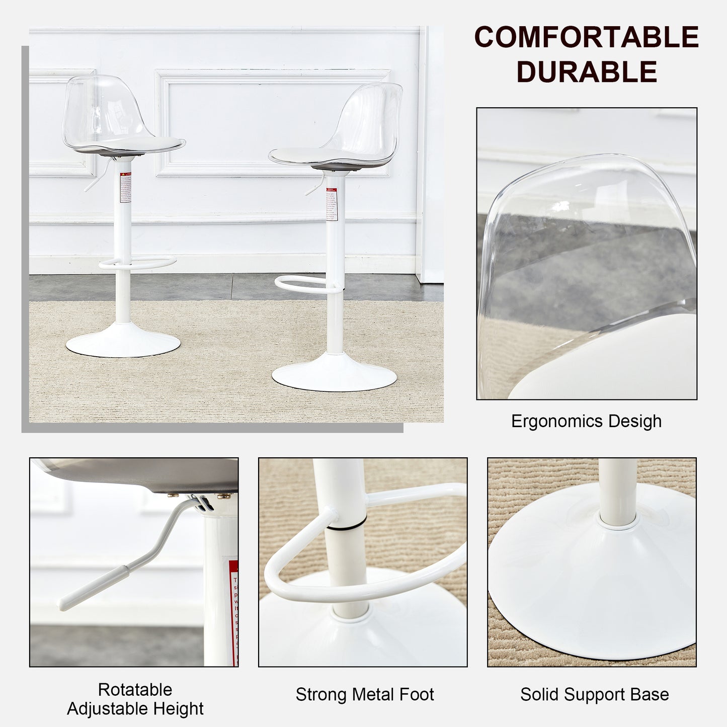 Modern minimalist bar chairs and bar stools. Can rotate 360 ° and adjust lifting. PET backrest and PU seats. Set of 2. Suitable for bars, restaurants, and front desk cashiers.