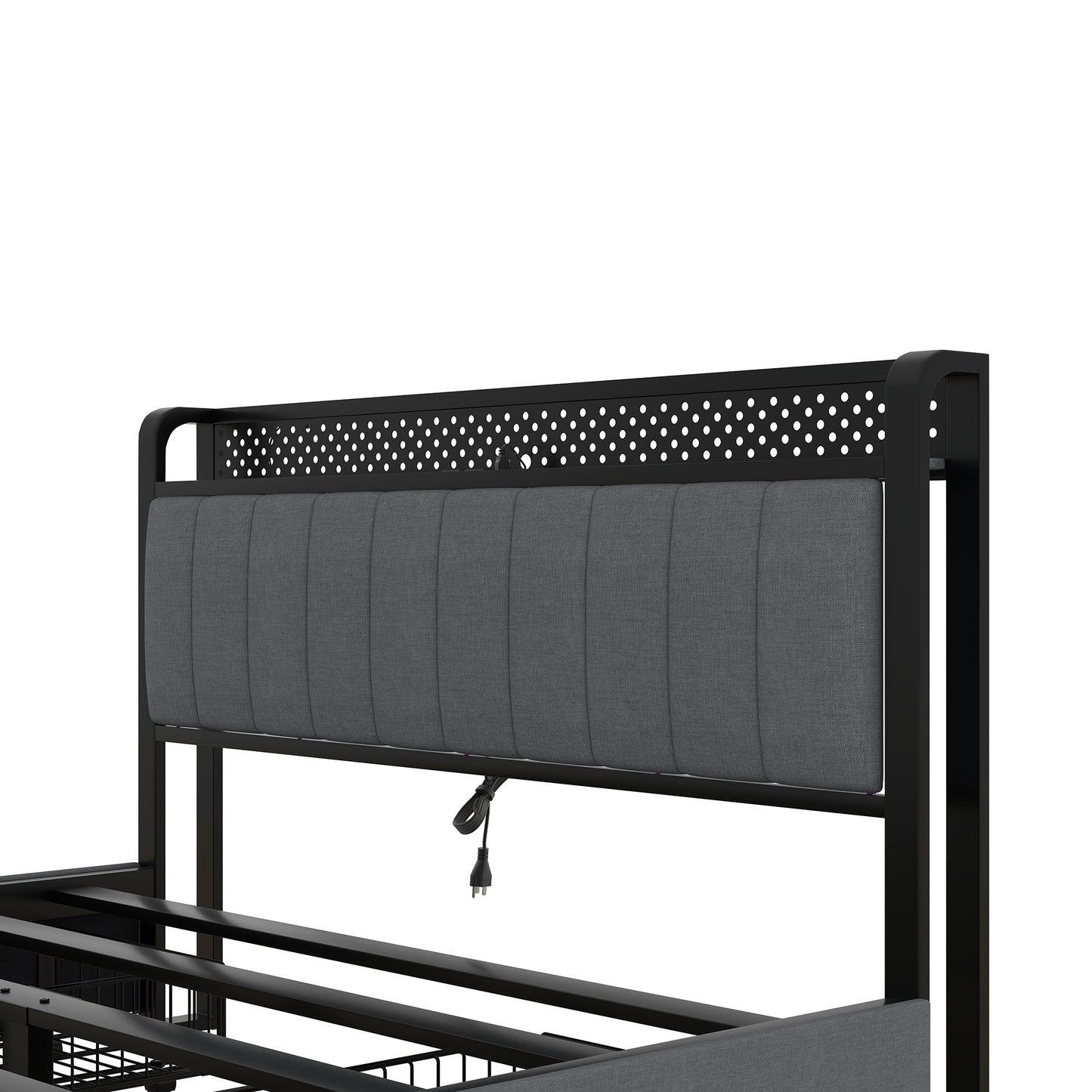 Queen Bed Frame with LED Headboard, Upholstered Bed with 4 Storage Drawers and USB Ports, Dark Grey