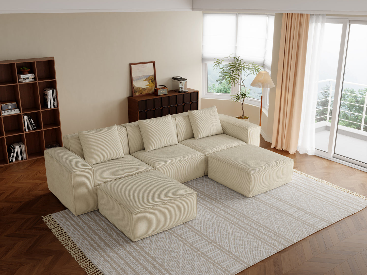 118-inch modular sofa can be converted into an oversized sofa bed Free conversion sofa set flexible configuration, soft corduroy cloud velvet fabric Three-person combination with two footrest  cream