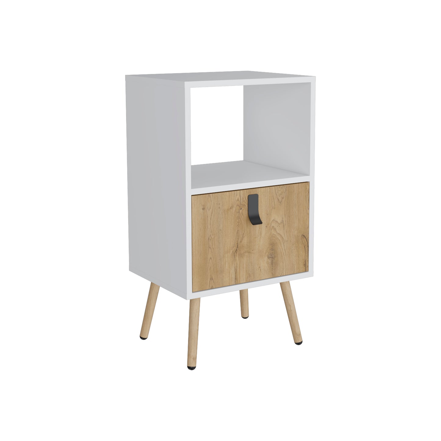 Huna Tall Nightstand with Open Storage and Drawer in Modern Design
