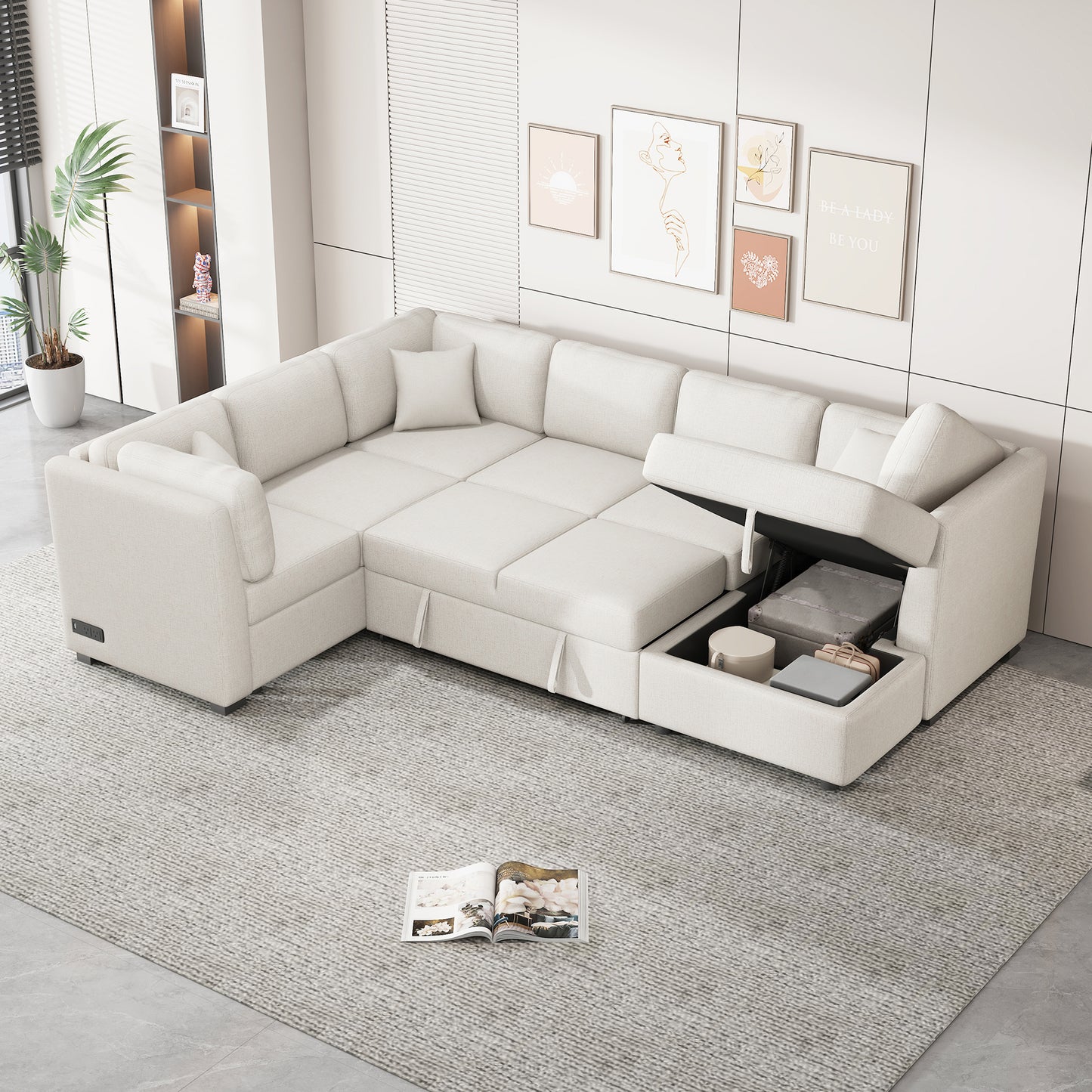 108.6" U-shaped Sectional Sofa Pull out Sofa Bed with Two USB Ports, Two Power Sockets, Three Back Pillows and a Storage Chaise for Living Room, Beige