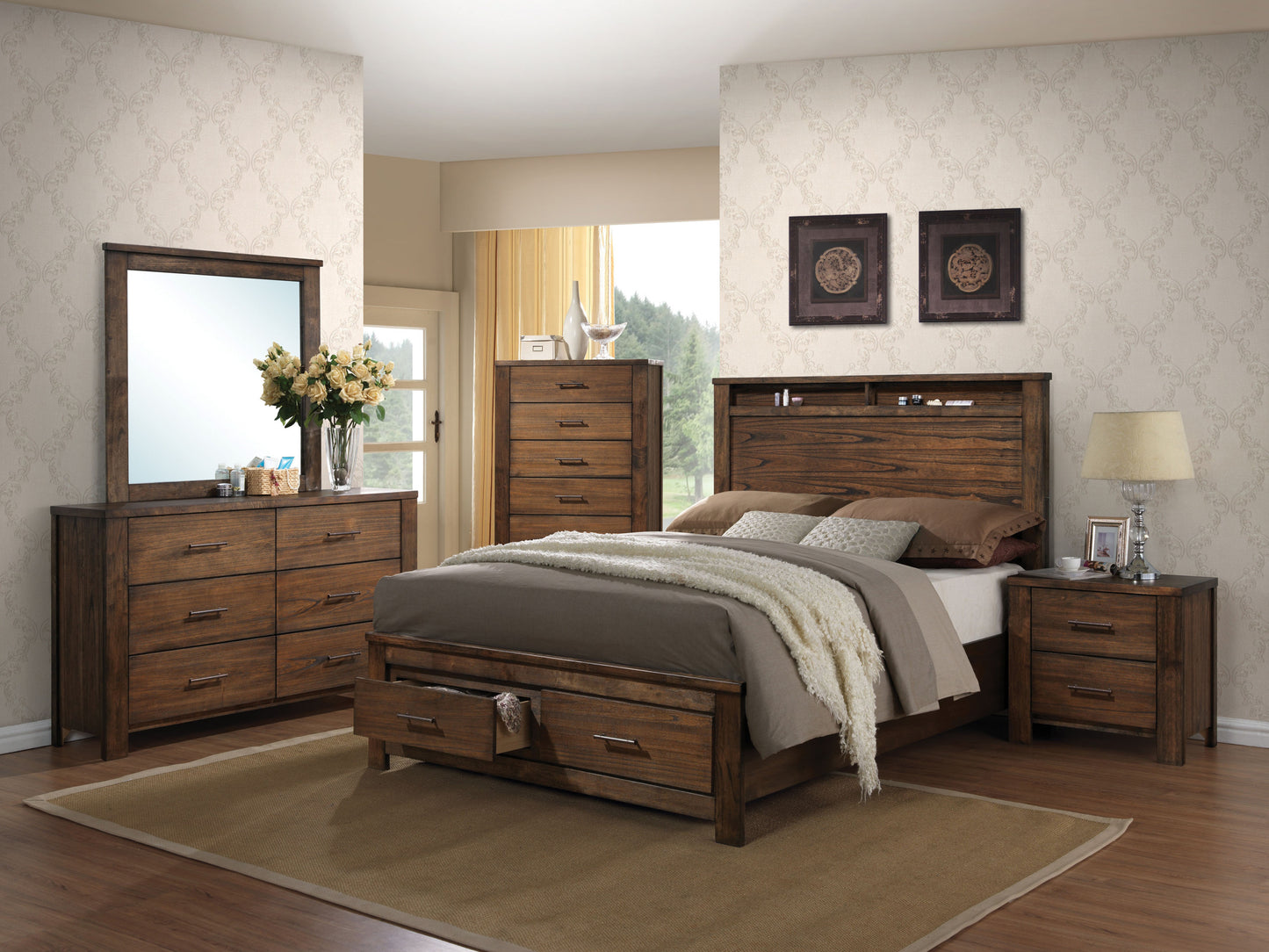 Merrilee Oak Finish EK Bed W/Storage