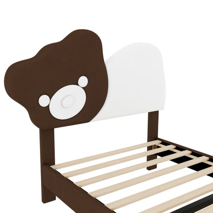 Twin Size Upholstered Platform Bed with Bear Shaped Headboard, LED Light Strips, White + Brown