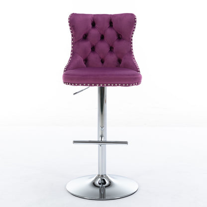 Swivel Velvet Barstools Adjusatble Seat Height from 25-33 Inch, Chrome base Bar Stools with Backs Comfortable Tufted for Home Pub and Kitchen Island, Purple,Set of 2,1712PP