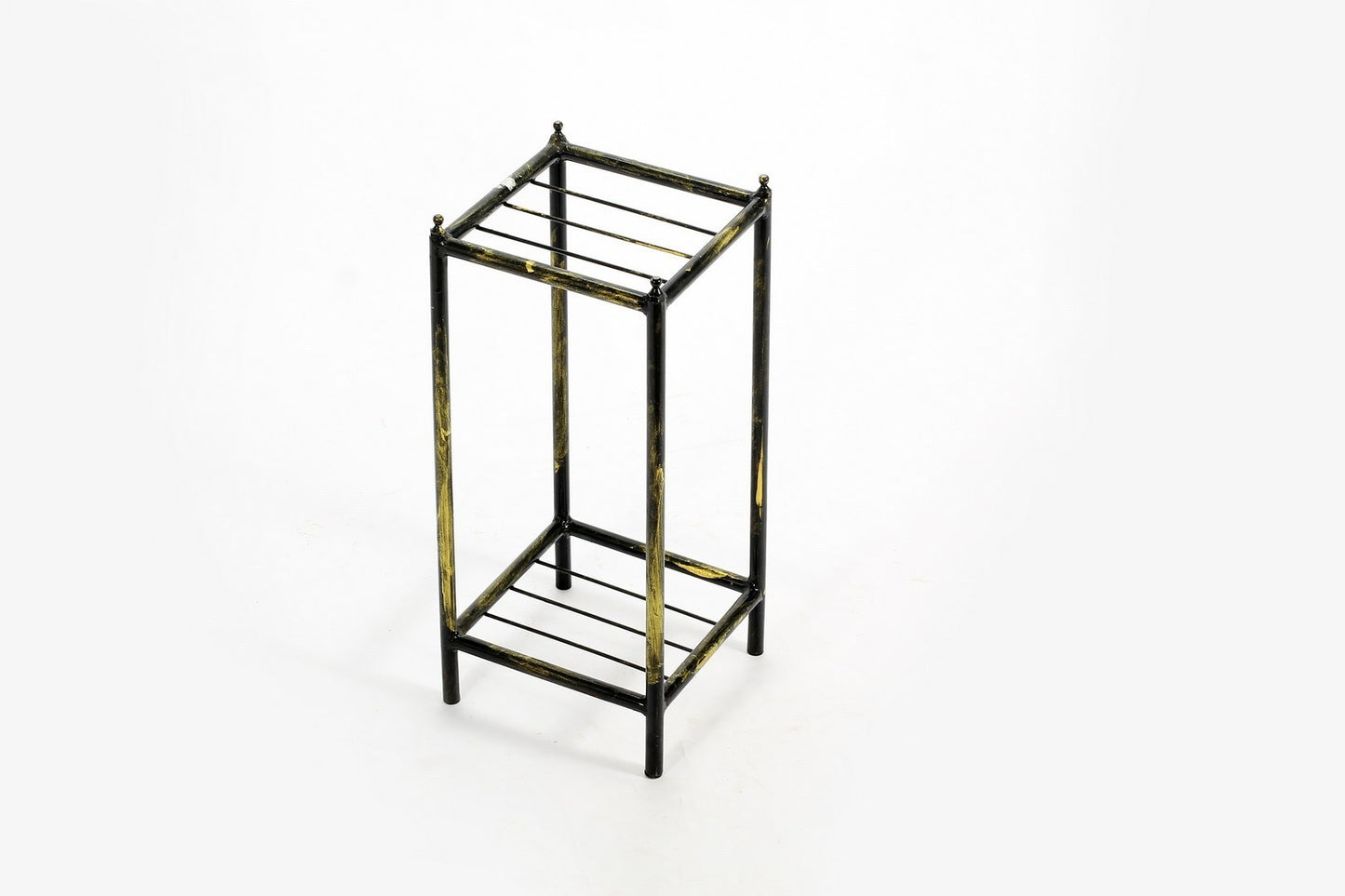 17" Gray Stone Slab 2 Tier Small Square Black / Gold Cast Metal Plant Stand