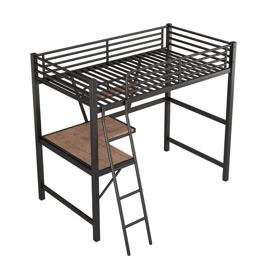 Black Twin Size Loft Bed with Desk and Shelf, Metal & MDF Frame, Modern Space-Saving Design for Kids and Teens