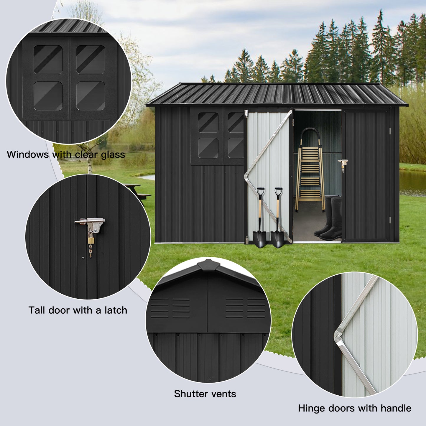 Metal garden sheds 6ftx8ft outdoor storage sheds black with window