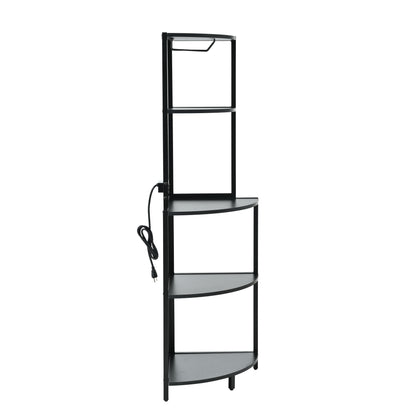 5 Tier Corner Shelf with LED Light and USB Plug, With Glass Holder, Tall Standing Shelf for Wall Corner, Narrow Bookshelf