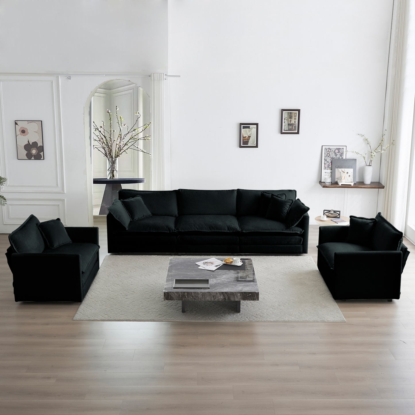 Sofa Set of 3, 1+1+3 Seats Living Room Sofa Set, Accent Chair, Loveseat, and Three-Seat Sofa Modern Style Round Arms 3 Piece Sofa Set, Black Chenille