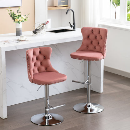 Swivel Velvet Barstools Adjusatble Seat Height from 25-33 Inch, Modern Upholstered Chrome base Bar Stools with Backs Comfortable Tufted for Home Pub and Kitchen Island, Pink,Set of 2,1712PK