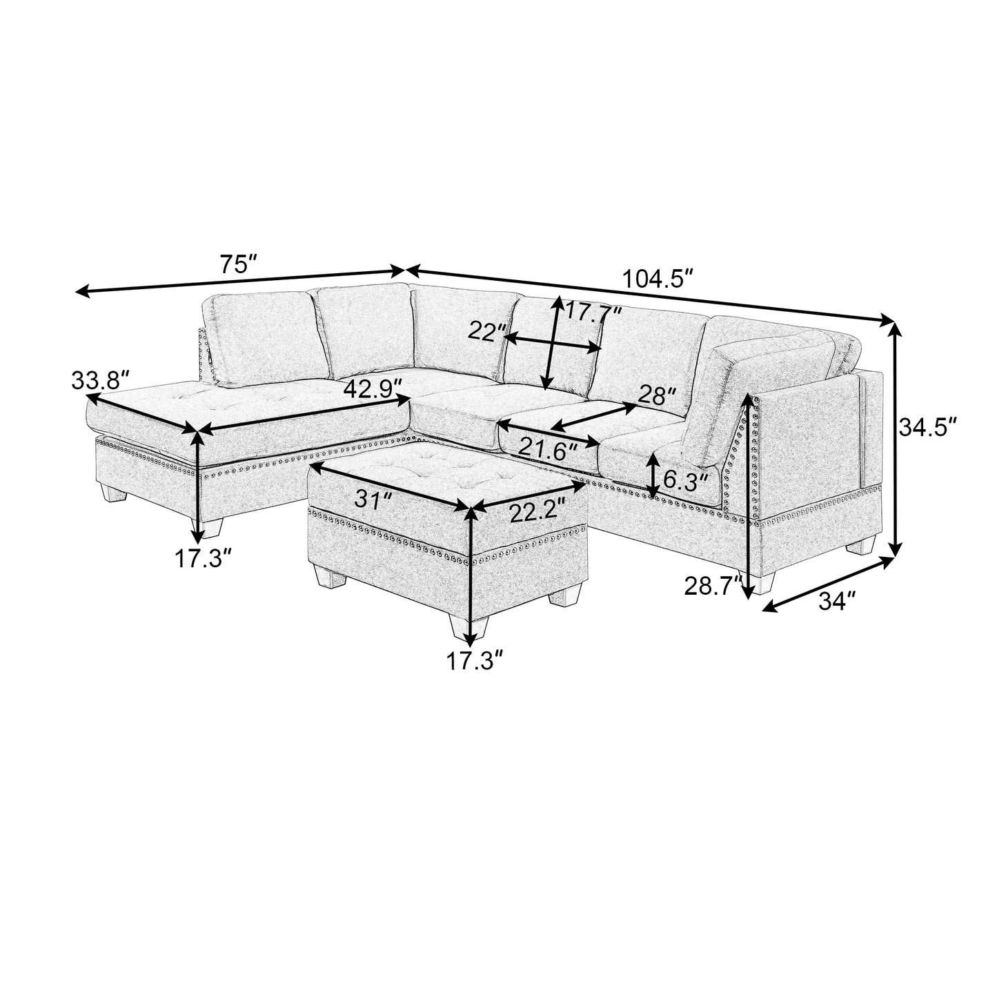 104.5" Reversible Sectional Sofa Space Saving with Storage Ottoman Rivet Ornament L-shape Couch for Small or Large Space Dorm Apartment,Gray(old SG000405AAA)