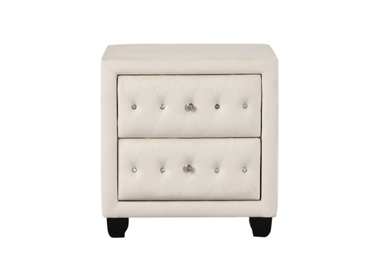 Modern Style Crystal Tufted 2-Drawer Nightstand Upholstered with Velvet Fabric Made with Wood in Cream