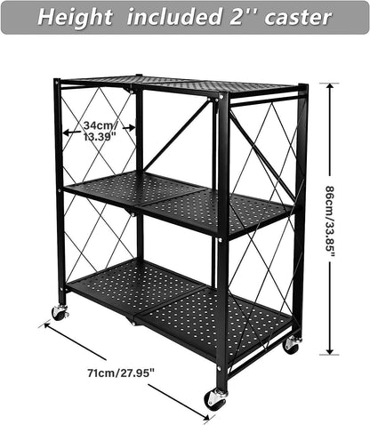 3-Tier Heavy Duty Foldable Metal Rack Storage Shelving Unit with Wheels Moving Easily Organizer Shelves Great for Garage Kitchen, Black