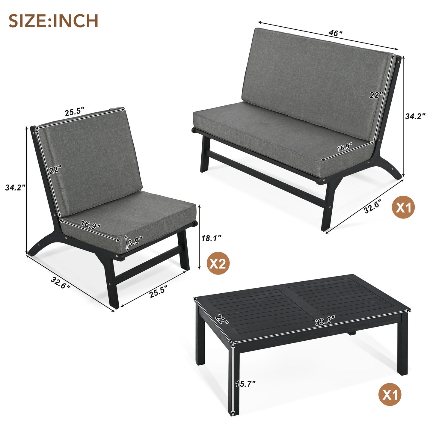 GO 4-Piece V-shaped Seats set, Acacia Solid Wood Outdoor Sofa, Garden Furniture, Outdoor seating, Black And Gray