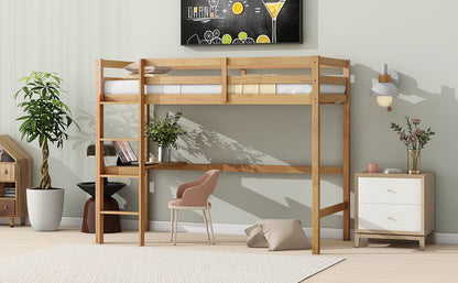 Twin High Loft Bed, Rubber Wood  Loft Bed with Safety Guardrail, built-in desk, ladder,White Oak